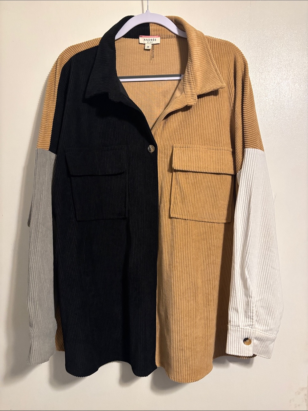 Andree Colorblock Corduroy Shacket in Black, Camel & White